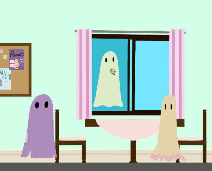 A screenshot from my game "Invisible String", where 3 ghosts are standing around a dining room table.