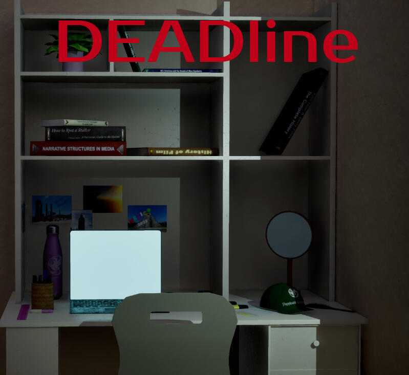 Opening splash screen for my game "deadline", where there is an image of a desk with an open laptop on it, and red text that reads "deadline"