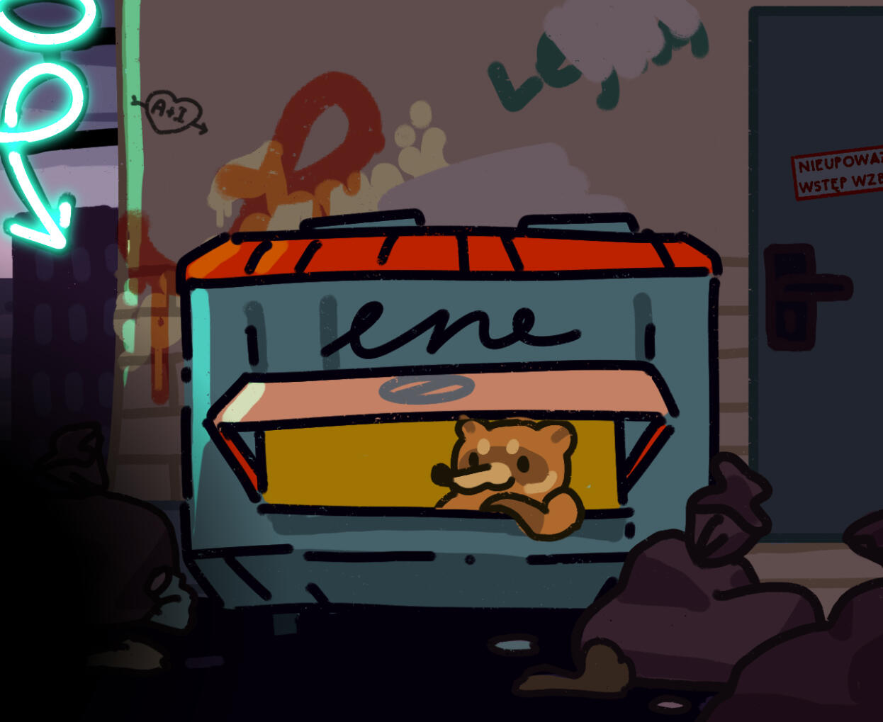 A raccoon leans out of a food cart that he has made out of a dumpster. Located in a graffiti covered back alley.